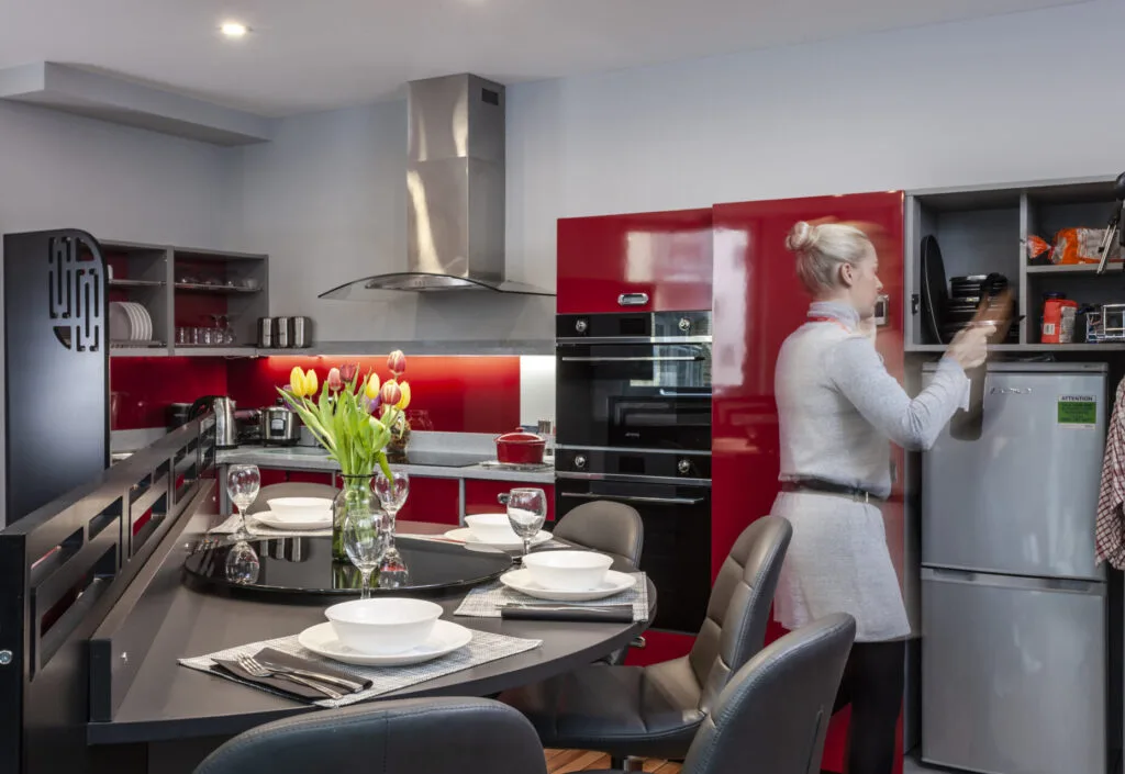 Shared kitchen in the communal living area at Study Inn