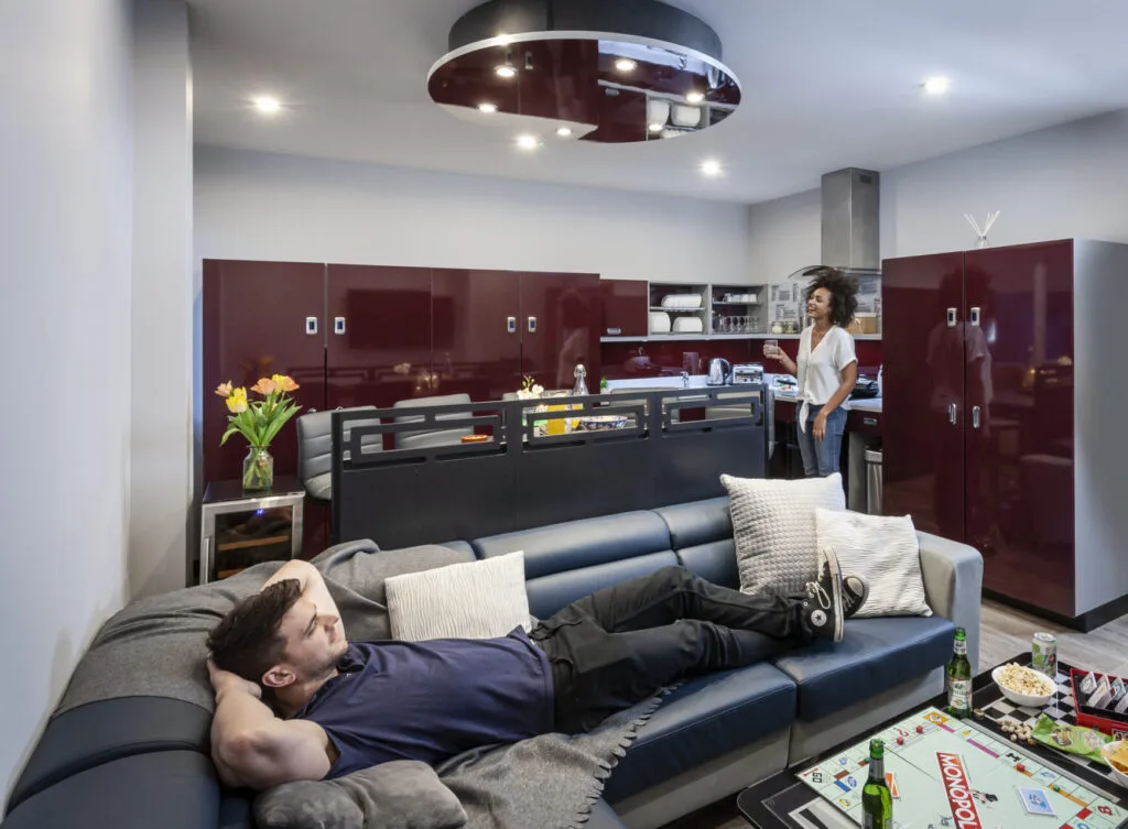 Shared kitchen in the communal living area at Study Inn