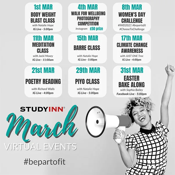 Study Inn events calendar for the month of March for resident students