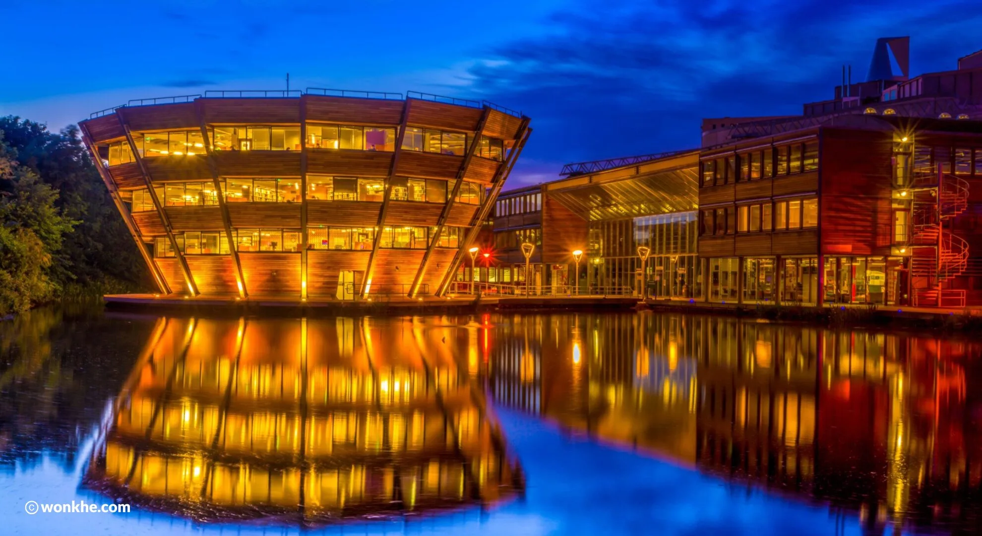 Exterior shot of the University of Nottingham Jubilee campus library, taken at night