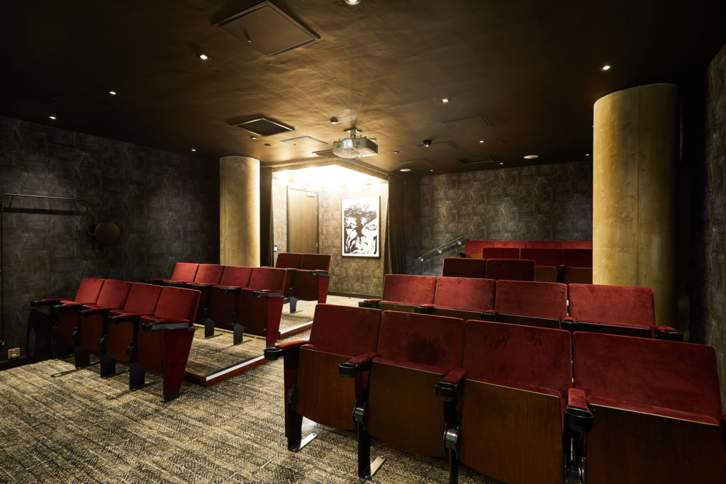 Dark and empty cinema room with red chairs in a student accommodation in Leeds.