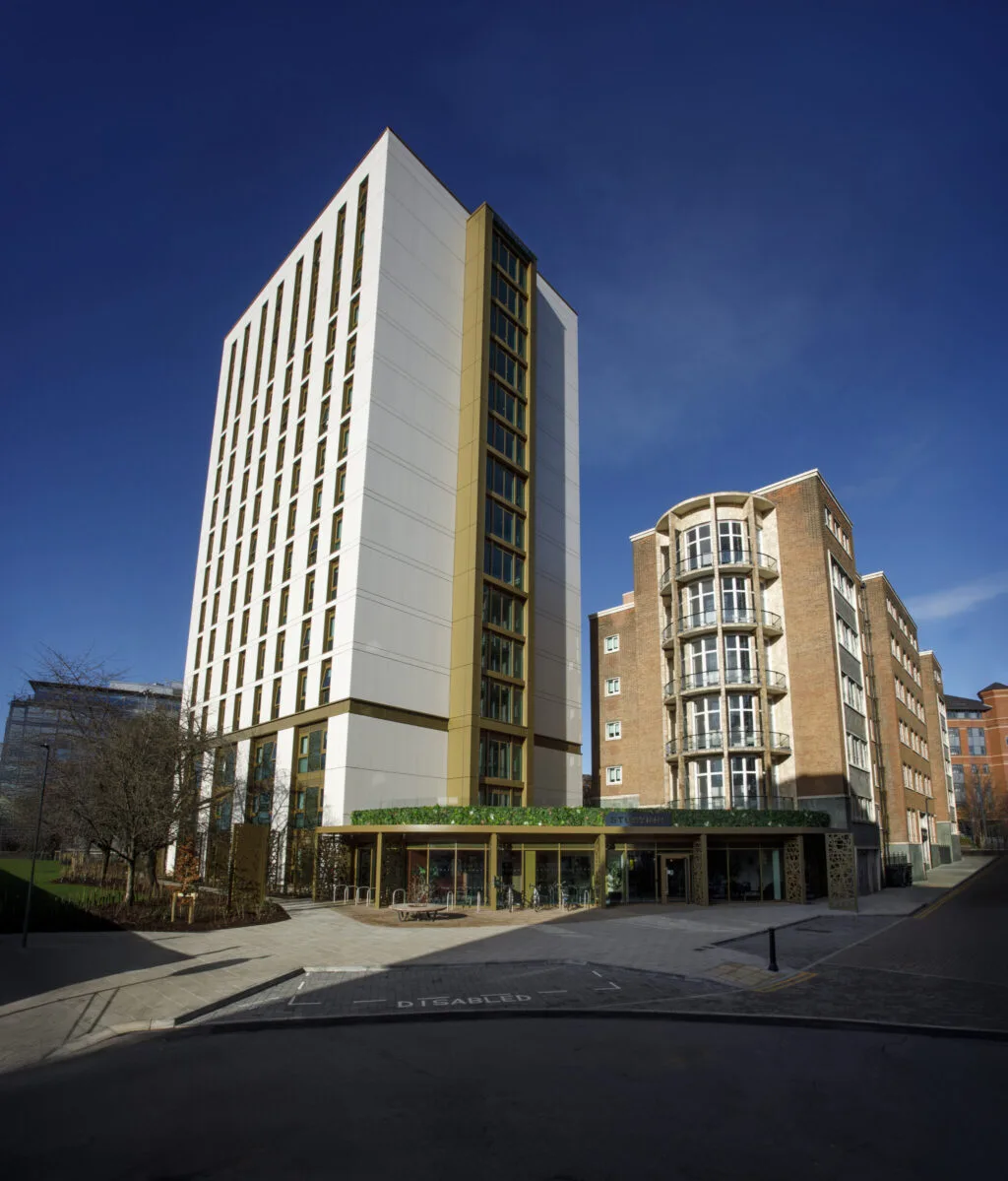Study Inn Leeds, luxury student accommodation in Leeds from the outside on a sunny day. Two big buildings on show.