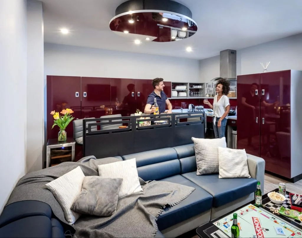 Modern shared kitchen and lounge space at Study Inn Student Accommodation in Loughborough on Lemyngton Street