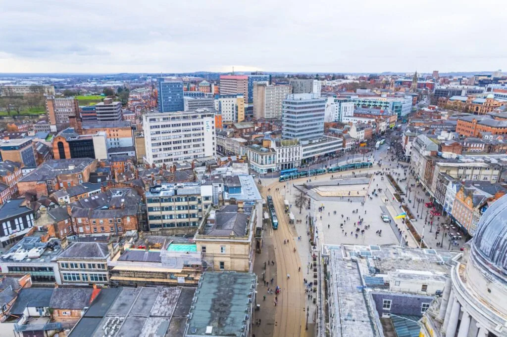 Aerial view of Nottingham city centre, Old Market Square and tram lines