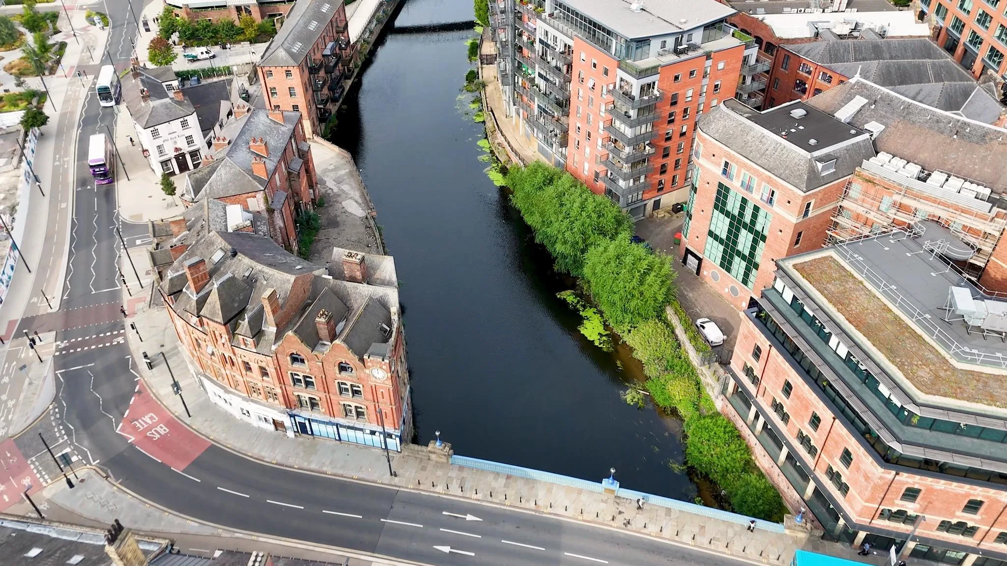 Aerial view of Leeds city centre and the river
