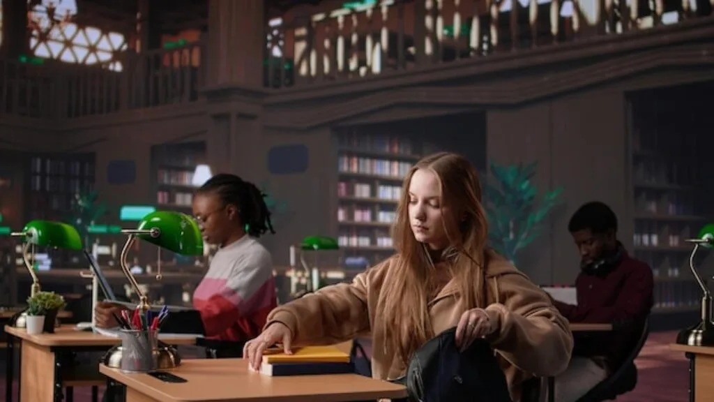 Students studying at desks in a traditional library reading room