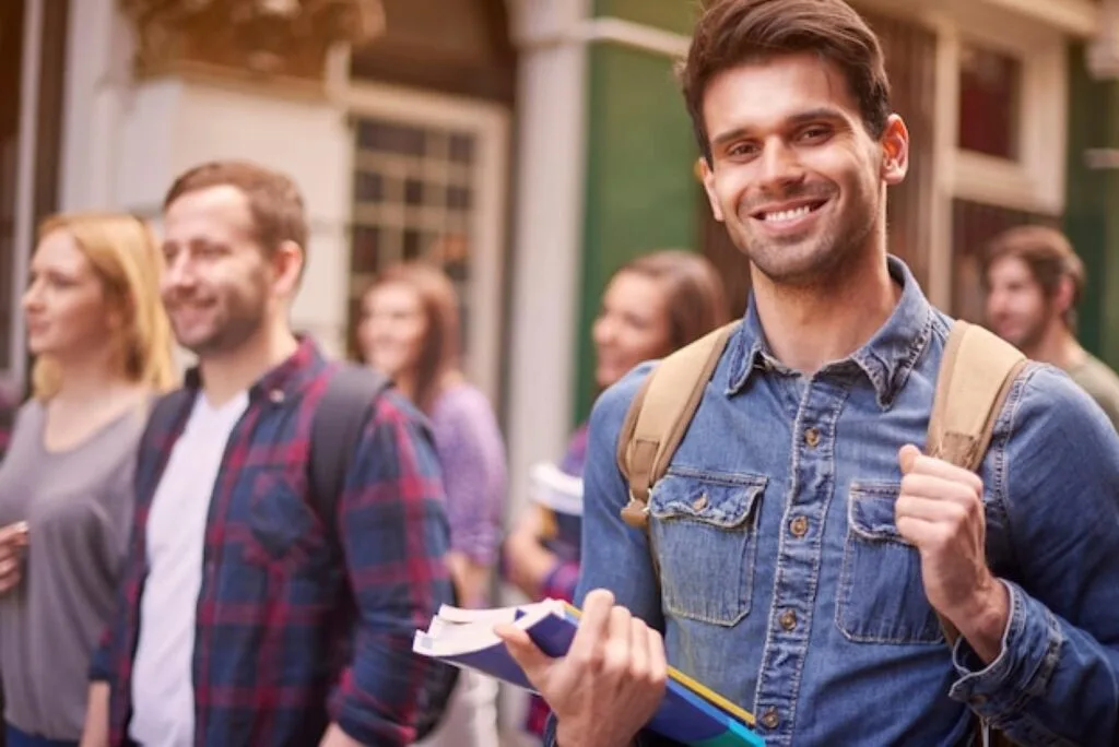 Students outside a university building in Birmingham