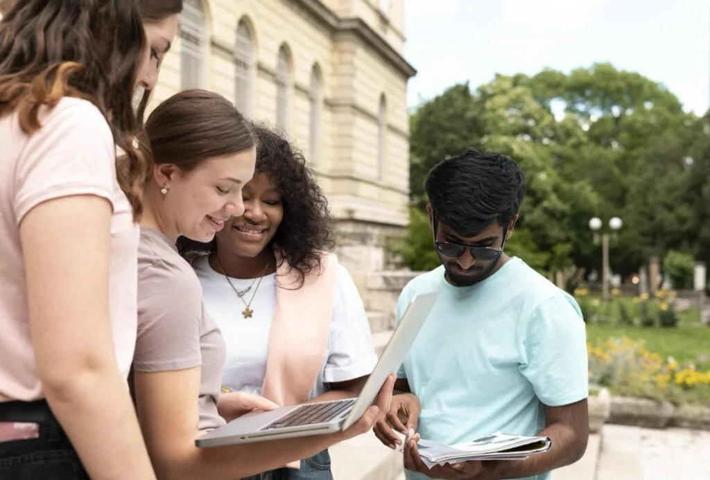 International students talking together on a university campus